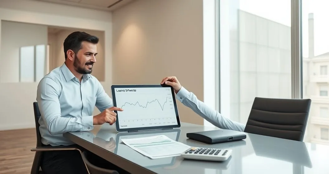 Business owner and loan officer reviewing tablet showing a steady line and a jagged line with repayment schedule and calculator in a modern office.