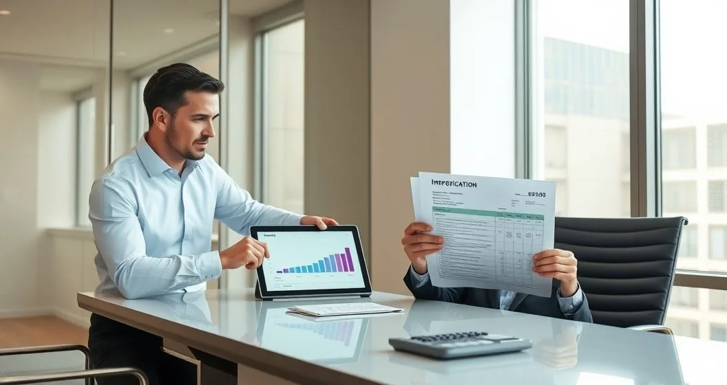 Tax advisor points to a tablet displaying a full depreciation bar as a business owner holds an equipment invoice in a modern office
