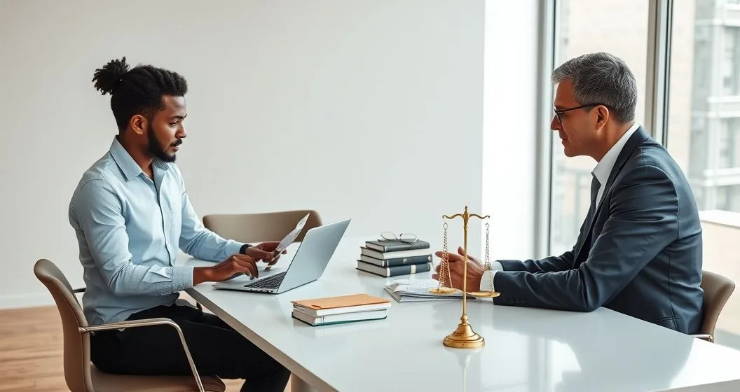 Client at a conference table with two professionals one using a laptop and calculator the other gesturing toward law books and a scale of justice.