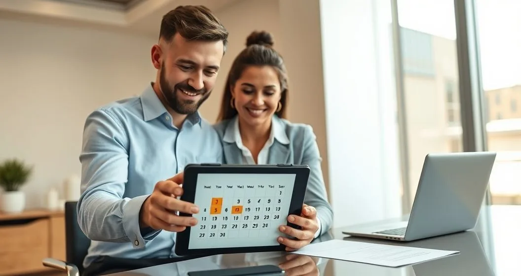Mortgage advisor and couple reviewing a tablet calendar with a lock symbol indicating a rate lock in a modern office.