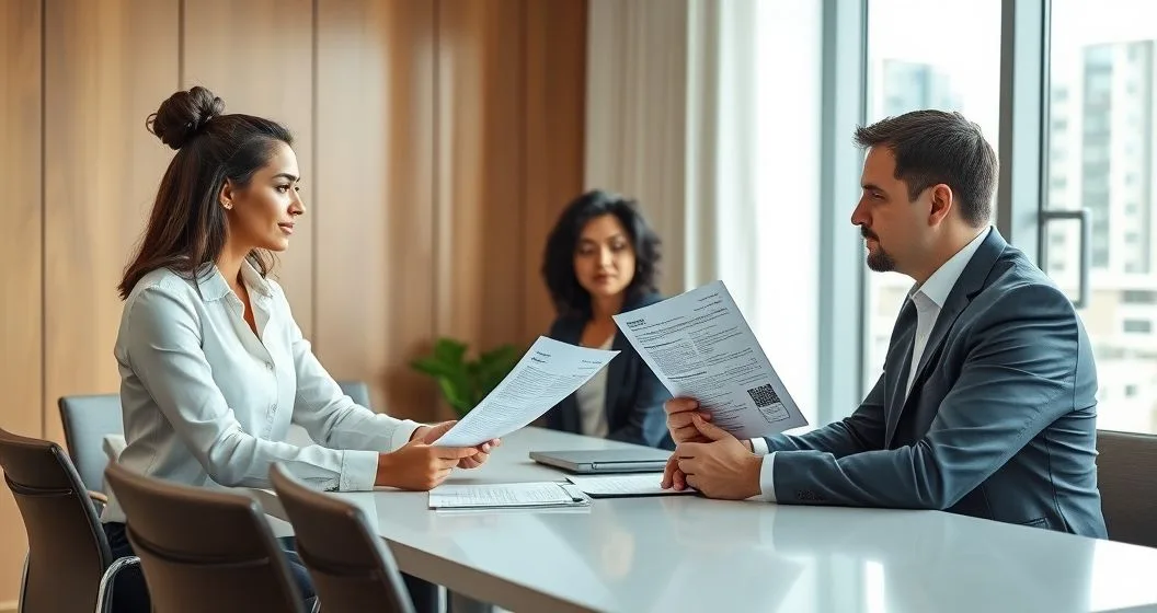 Tax attorney and clients handing over medical bills and employment documents to a tax reviewer in a modern office