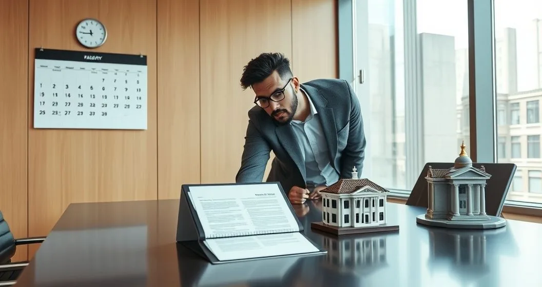 Tax attorney and client reviewing a calendar with a circled deadline and a legal petition folder on a conference table in a modern office.