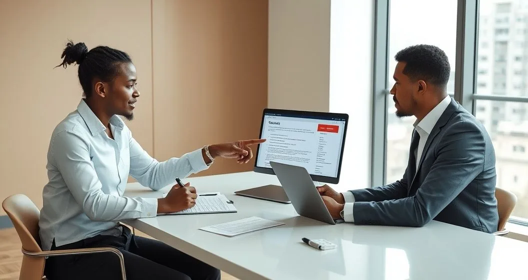 Tax advisor and client review an e filed return on a laptop with red flag icons and supporting documents on the table indicating items under review