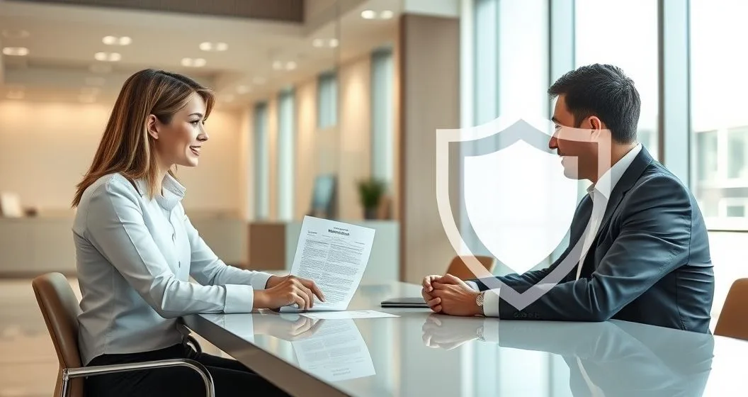 Loan officer and homebuyer reviewing title insurance policy at closing with shield overlay representing protection for lender mortgage