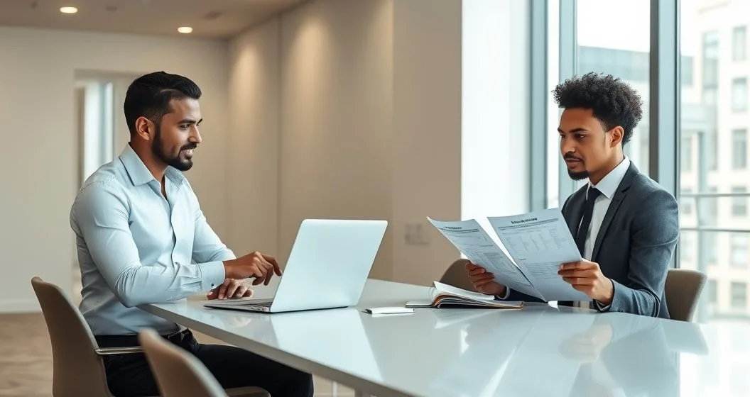 Tax professional and client at a clean office table reviewing a paused refund status on a laptop with ID and checklist visible, calm natural light.