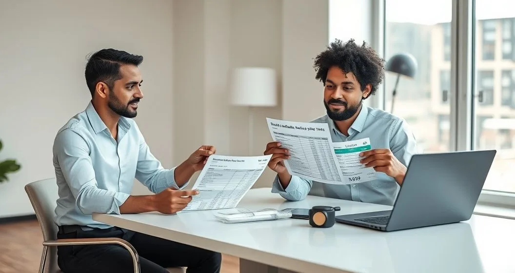 Marketplace seller and tax advisor reconcile sales records with printed 1099 K laptop spreadsheet receipts and marketplace app