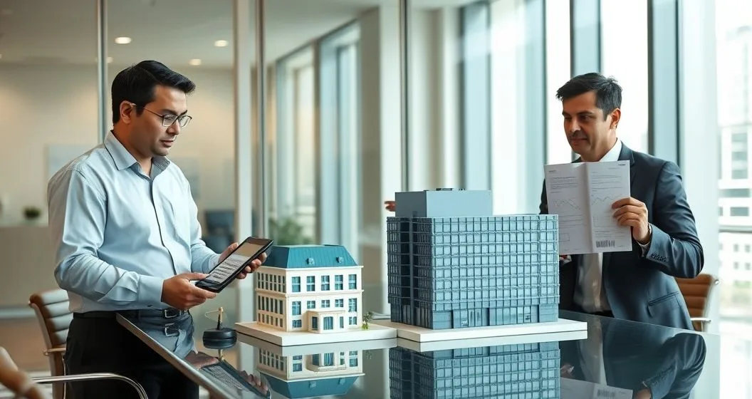 Two professionals at a conference table contrasting yield maintenance with a cash payment and calculator and defeasance with treasury bond certificates replacing an office building model